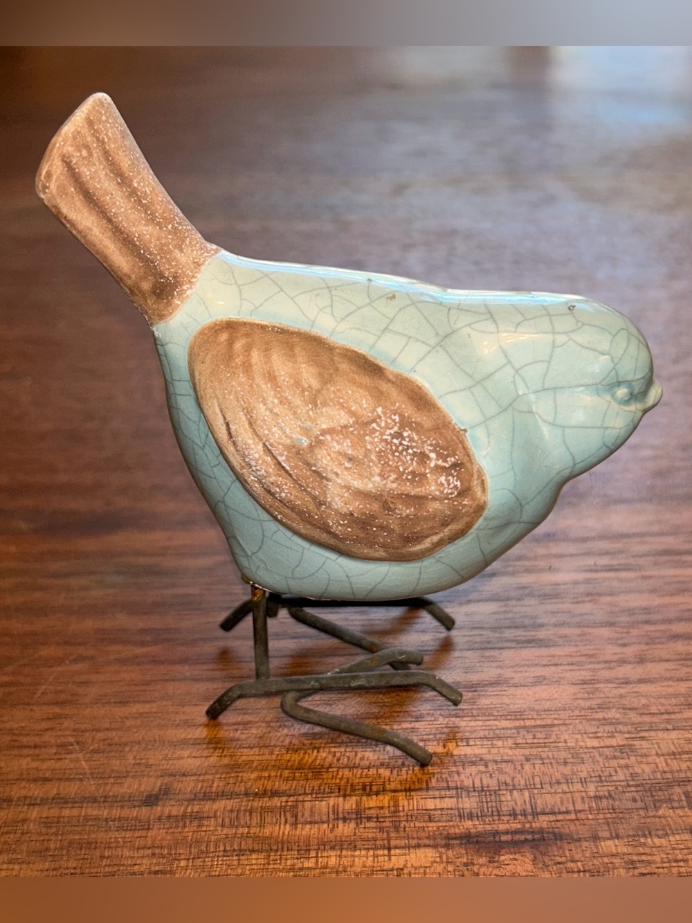 Ceramic Bird On Metal Legs Blue & Brown 4.5" x 4.5" Figurine decor Farmhouse